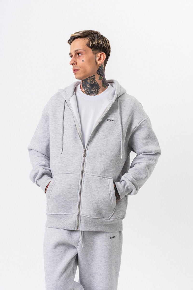ريسباير هودي رجالي أساسي واسع (Oversize) بسحاب (Zip) بغطاء رأس بتفاصيل نص "Respire" لون رمادي ثلجي (Kar Melanj) - Image 4